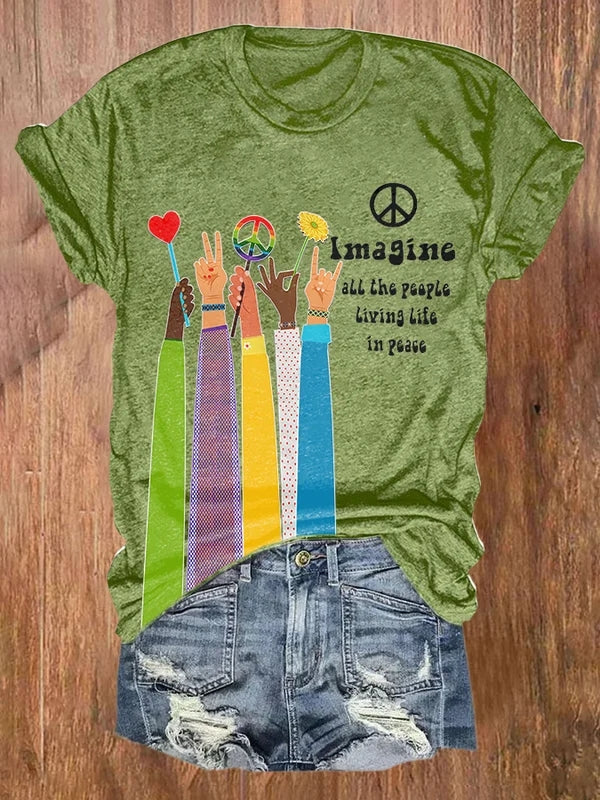 Retro Hippie Imagine All The People Living Life In Peace Print Shirt - Image 8