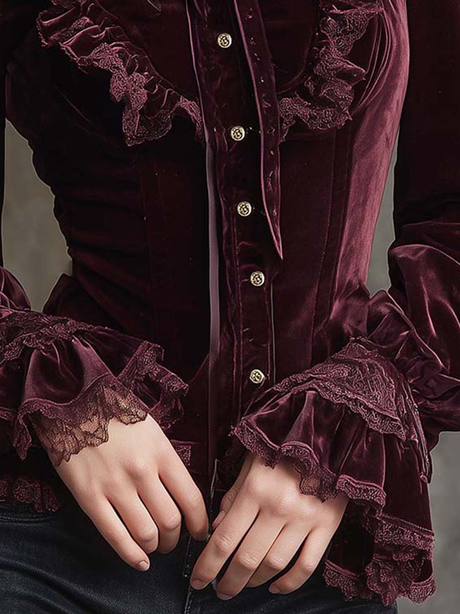 Garnet Red Romance Victorian Velvet Ruffle Blouse - Image 2