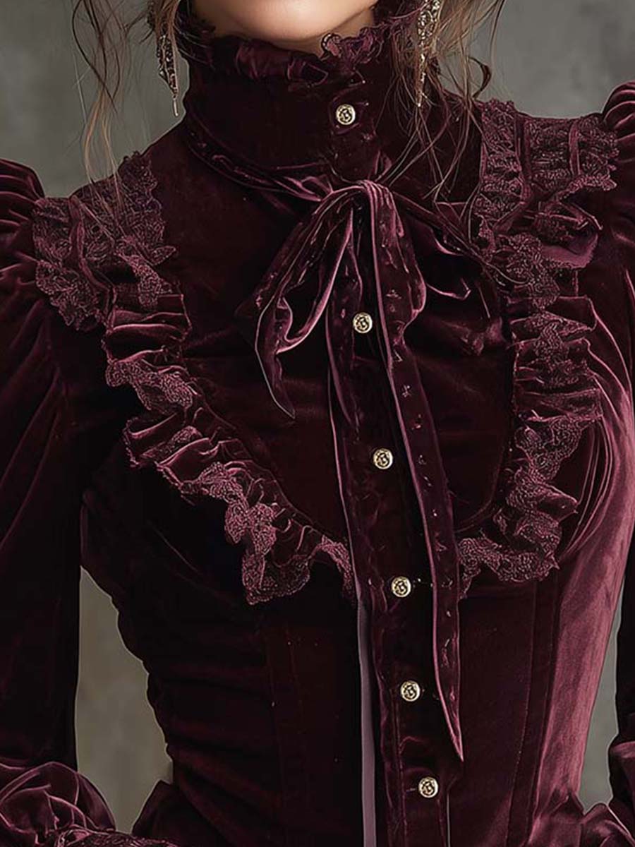Garnet Red Romance Victorian Velvet Ruffle Blouse - Image 3