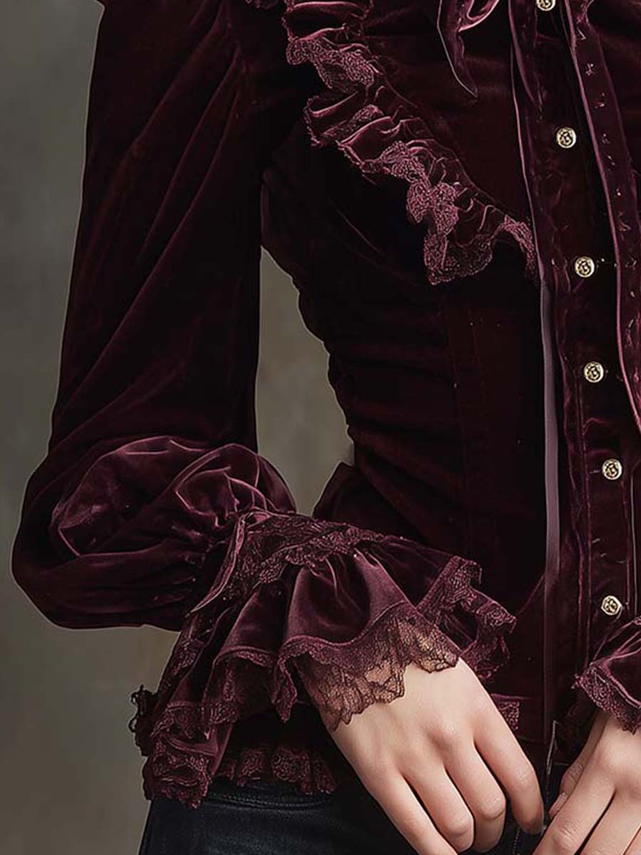 Garnet Red Romance Victorian Velvet Ruffle Blouse - Image 4