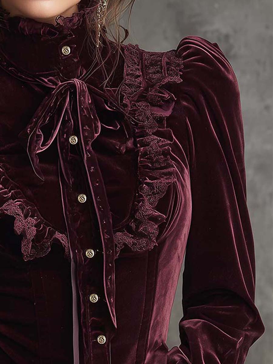 Garnet Red Romance Victorian Velvet Ruffle Blouse - Image 5