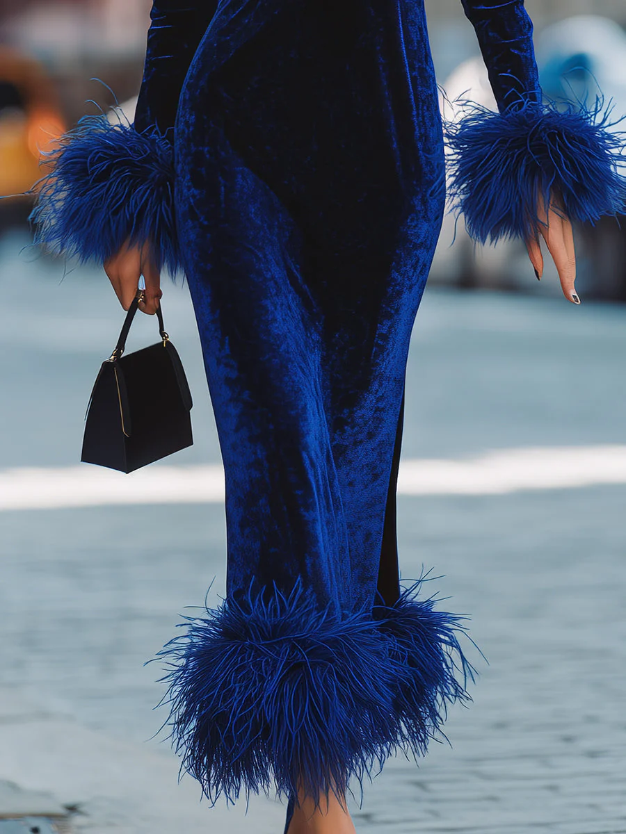 Glamorous Royal Blue Velvet Dress With Feather Trims - Image 4