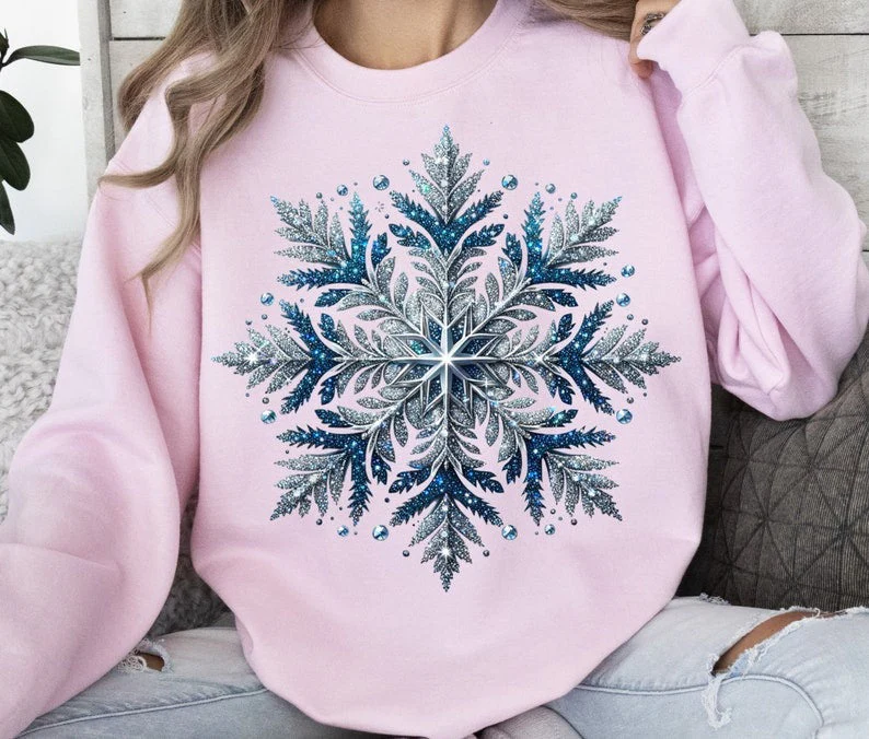 Glitter Snowflake Printed Long Sleeve Casual Top - Image 2