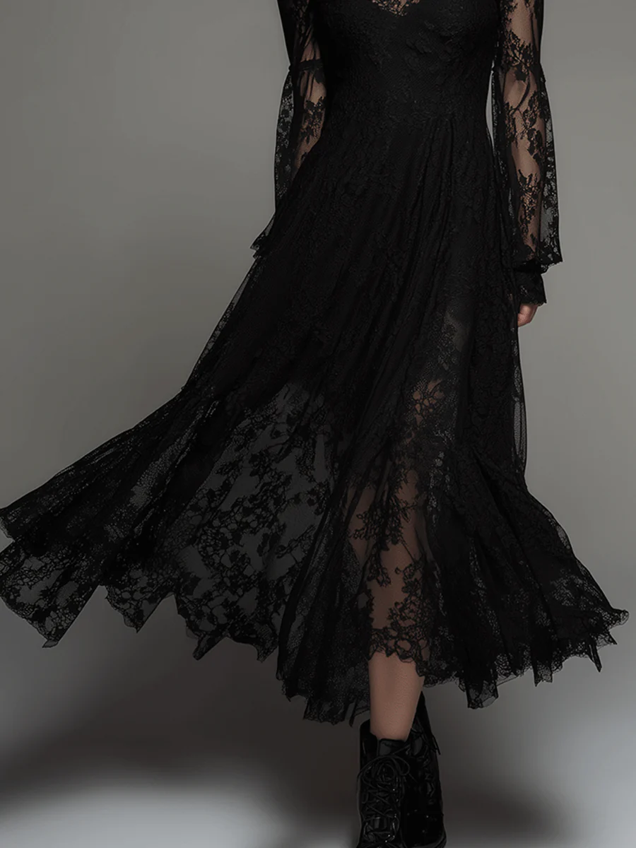 Gothic Elegance Black Victorian Lace Maxi Dress - Image 2