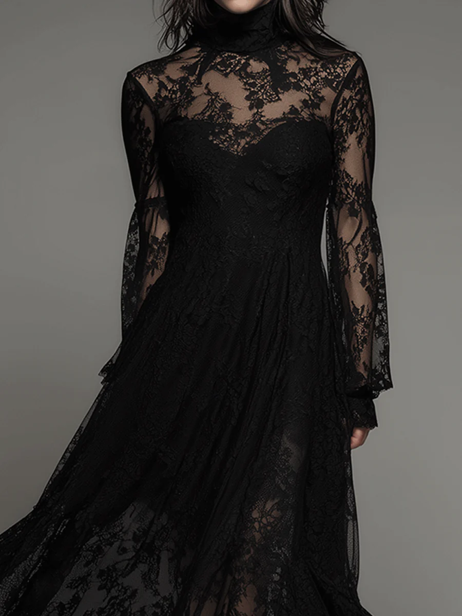 Gothic Elegance Black Victorian Lace Maxi Dress - Image 3