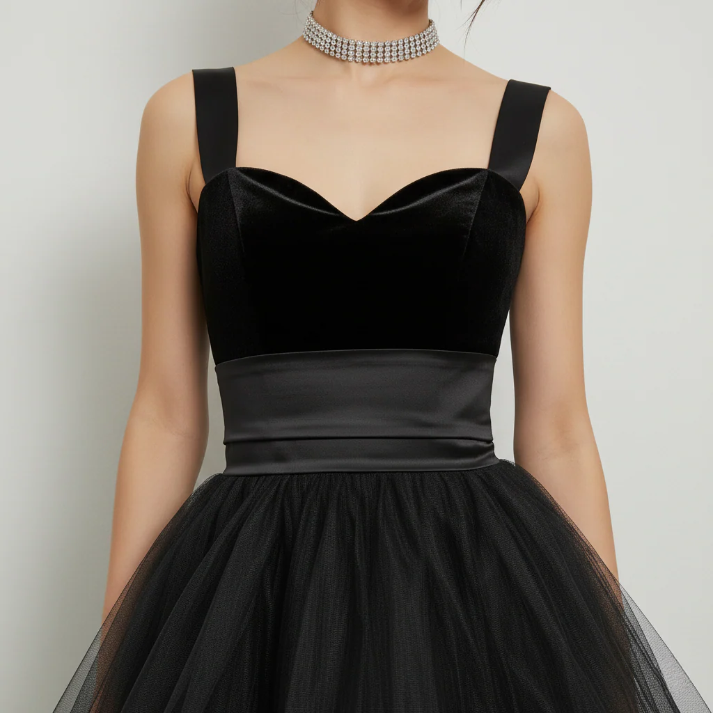 Gothic Glamour Black Tulle & Velvet High-Low Dress - Image 2