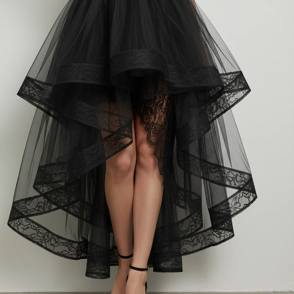 Gothic Glamour Black Tulle & Velvet High-Low Dress - Image 3