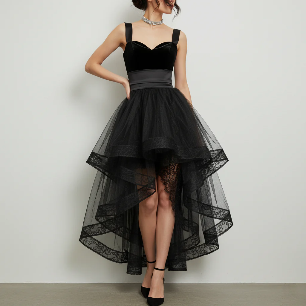 Gothic Glamour Black Tulle & Velvet High-Low Dress - Image 4