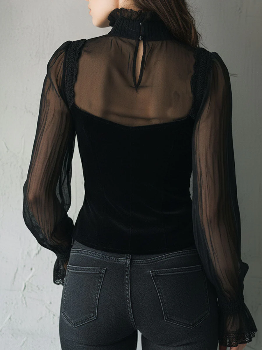 Gothic Lace Trim Black Velvet Corset Blouse With Sheer Sleeves - Image 6