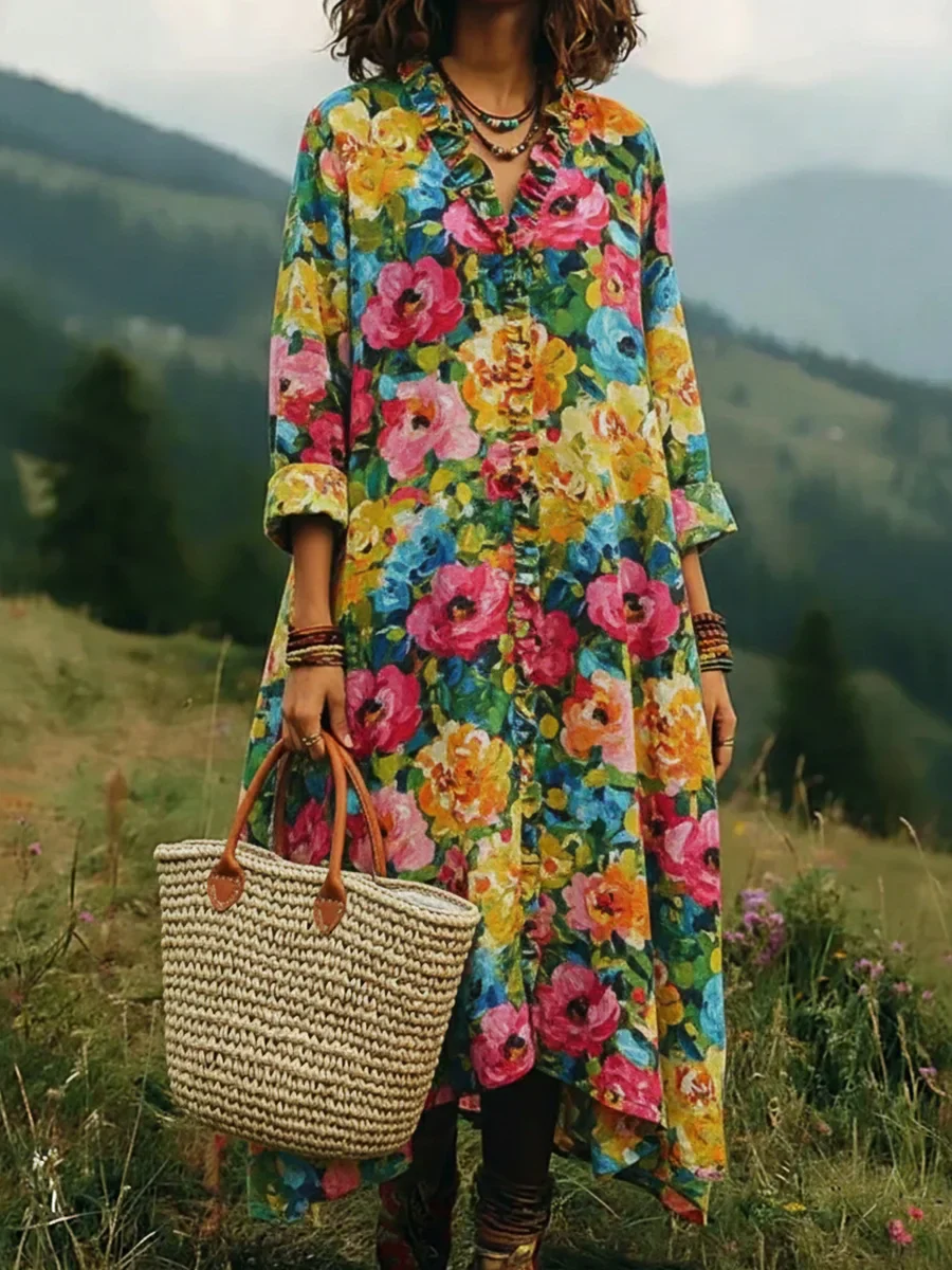Graceful Vintage Floral Print Maxi Dress