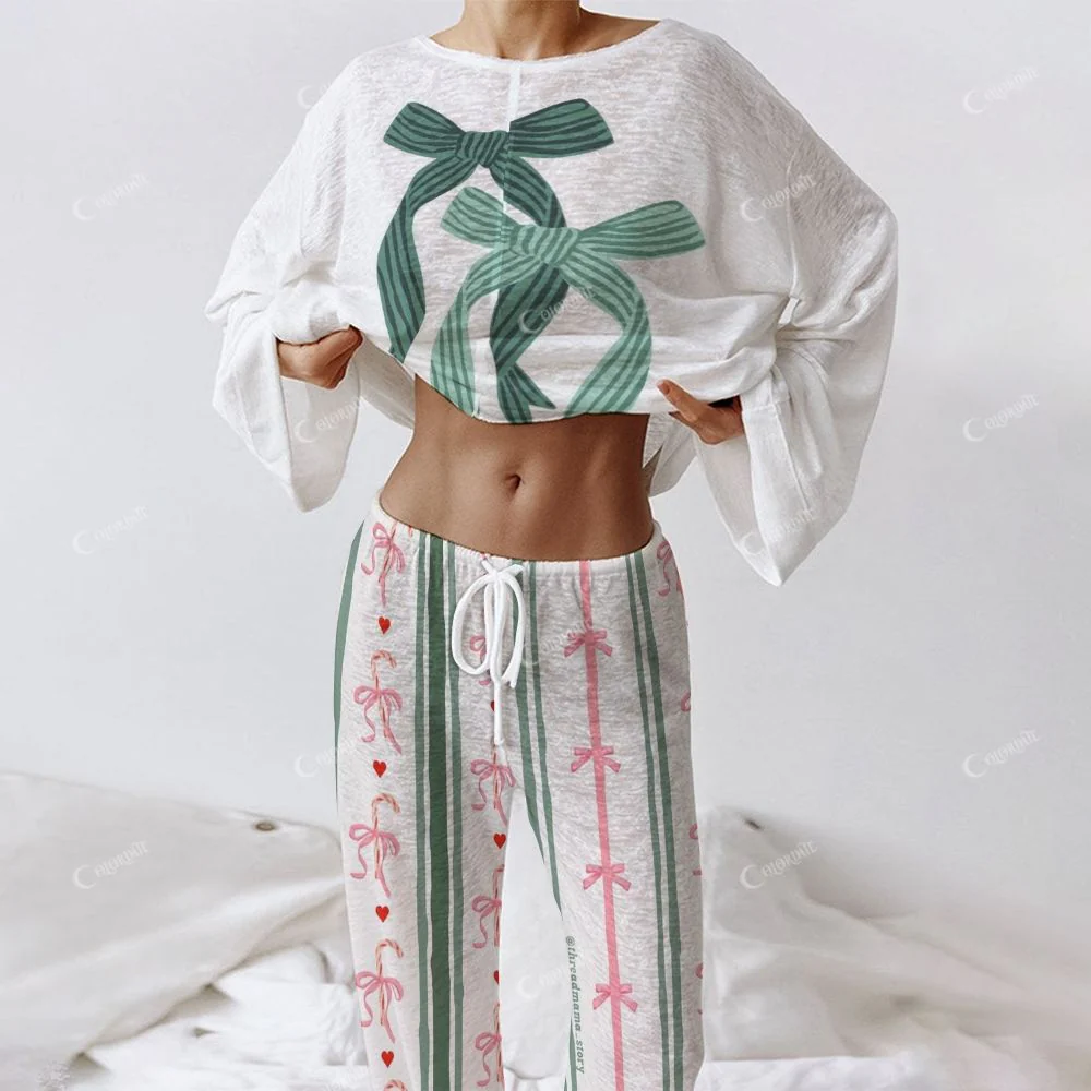 Green Bow Crop Top & Pants Women's Long Sleeve Cotton Homewear Set