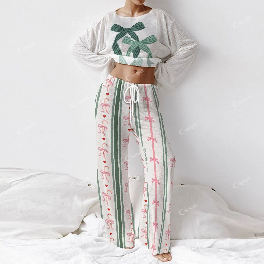 Green Bow Crop Top & Pants Women's Long Sleeve Cotton Homewear Set - Image 2