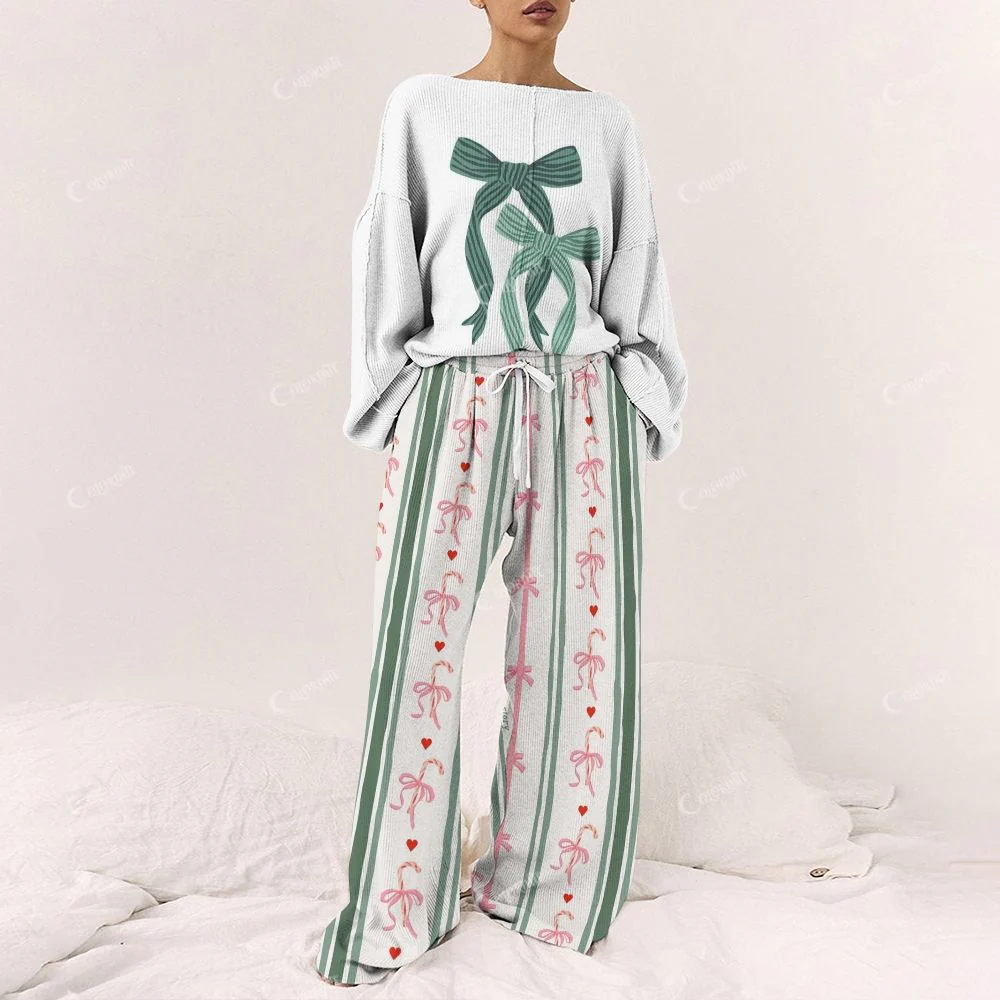 Green Bow Striped Women's Print Long Sleeve Pajama Set