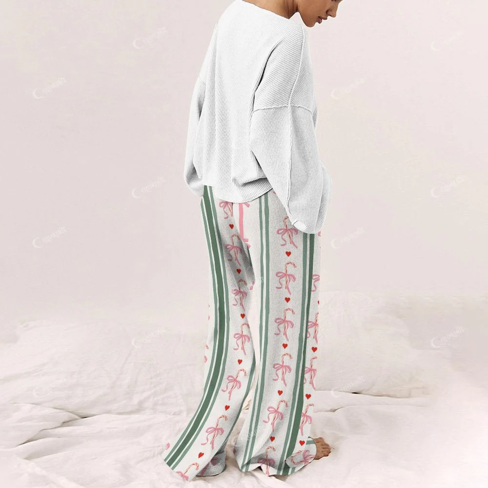Green Bow Striped Women's Print Long Sleeve Pajama Set - Image 2