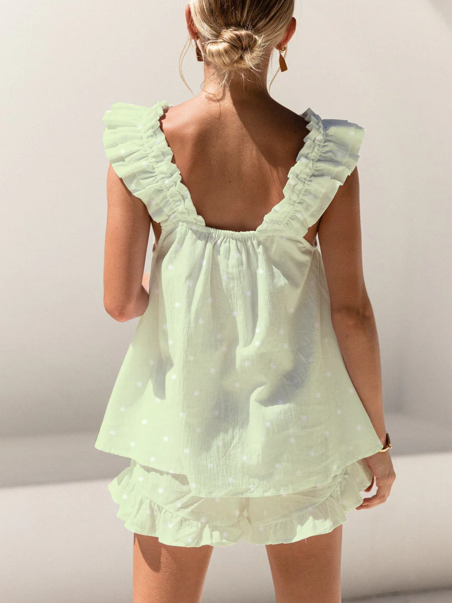 Green Polka Dots And Flowers Print Ruffled Trim Short Tank Top Shorts Pajama Set - Image 2