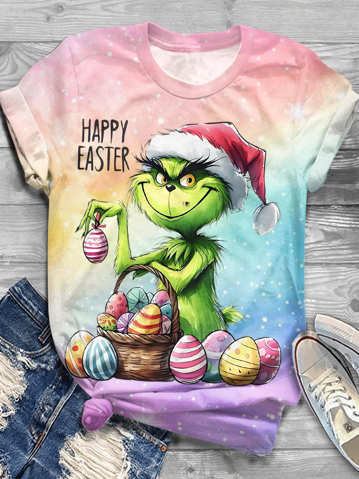 Grinch and Easter Eggs Crew Neck T-shirt
