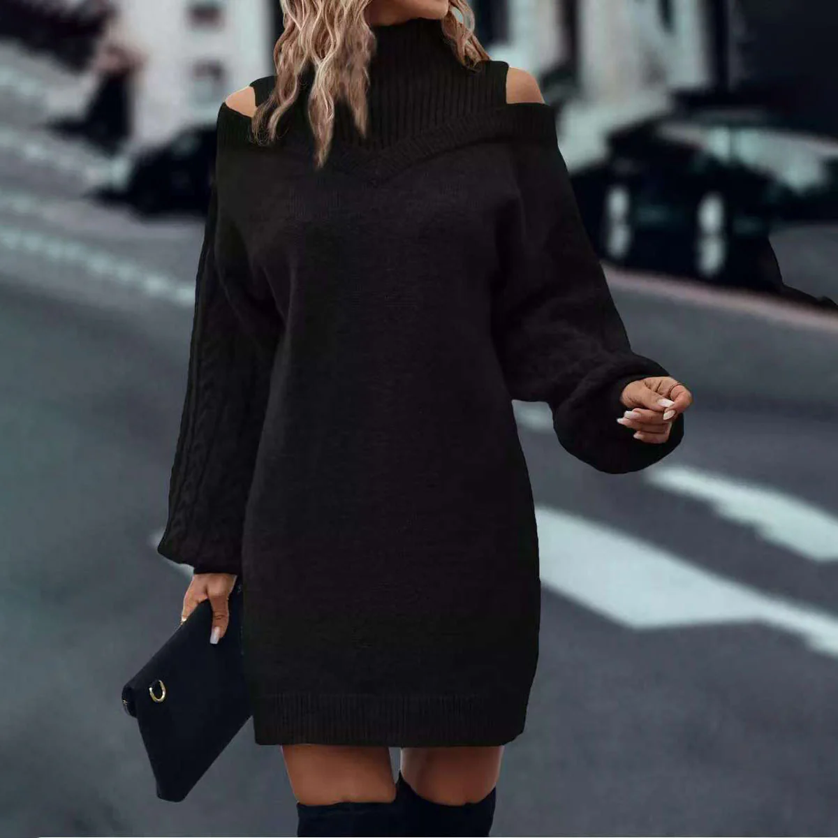 Half Turtleneck Off-the-shoulder Long Sleeve Knitted Dress - Image 2