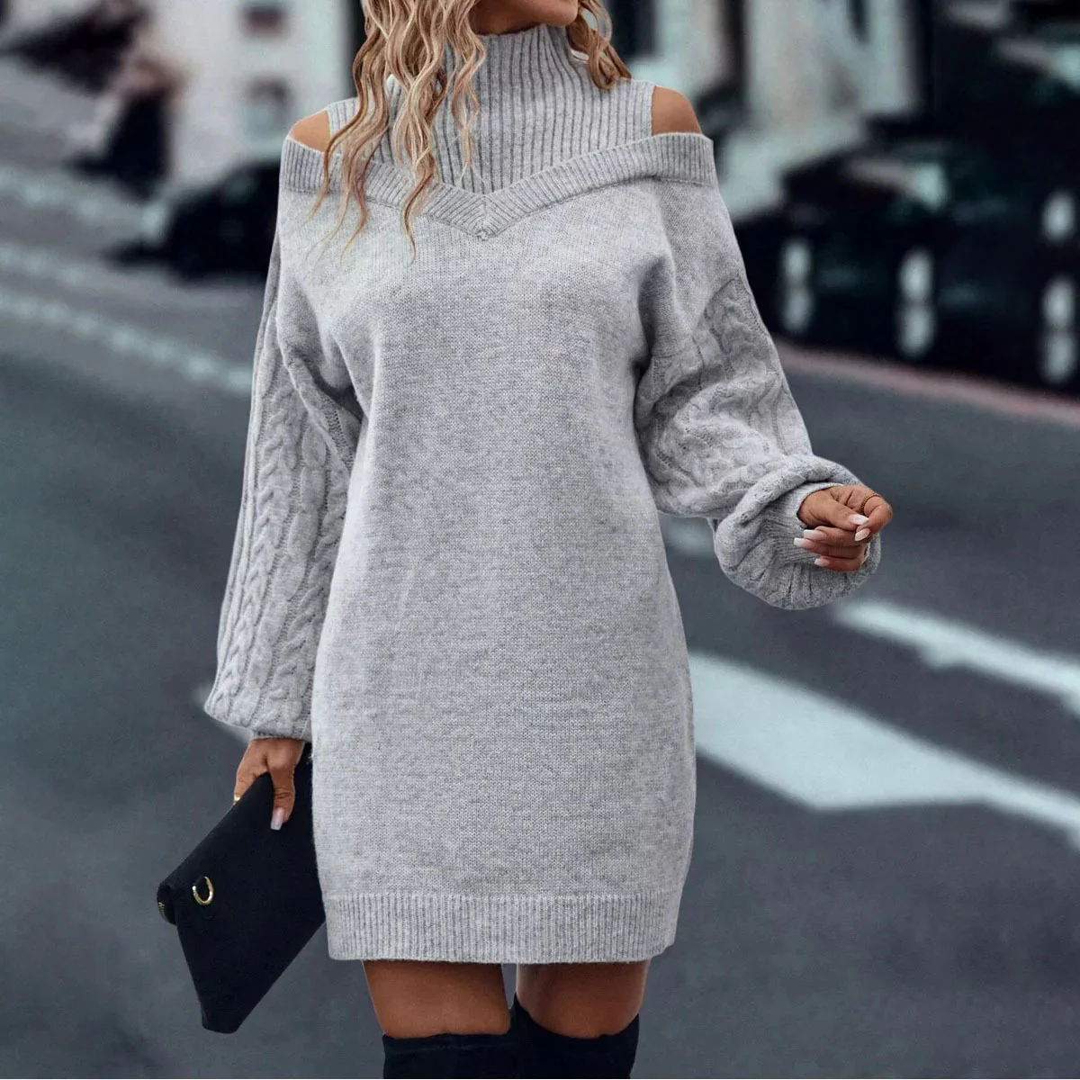 Half Turtleneck Off-the-shoulder Long Sleeve Knitted Dress - Image 3