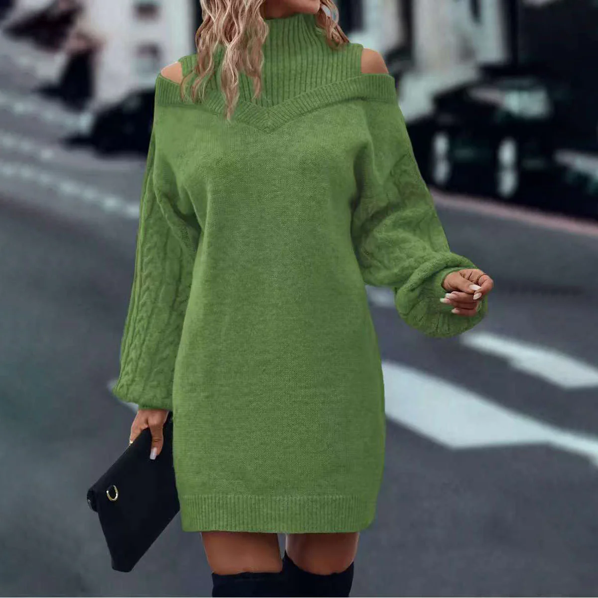 Half Turtleneck Off-the-shoulder Long Sleeve Knitted Dress - Image 4