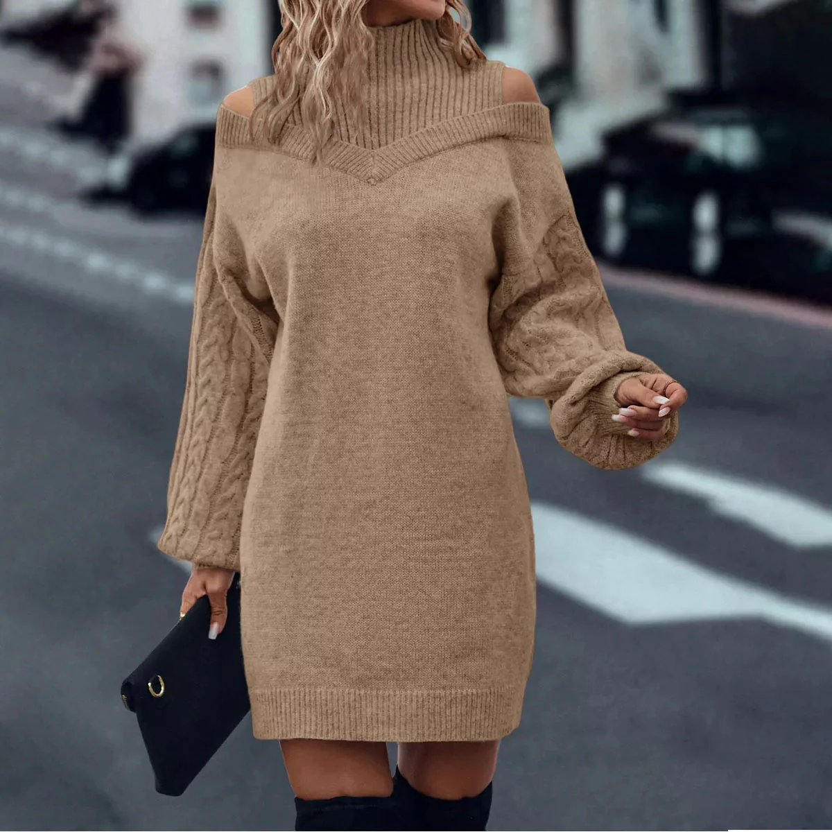 Half Turtleneck Off-the-shoulder Long Sleeve Knitted Dress - Image 5