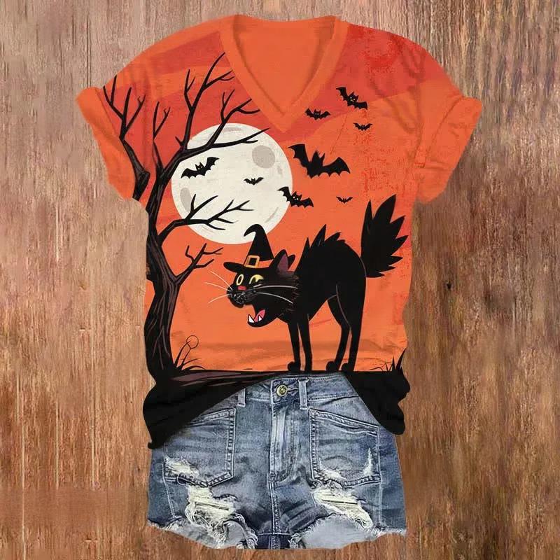 Halloween Funny Black Cat Print V-neck T-Shirt