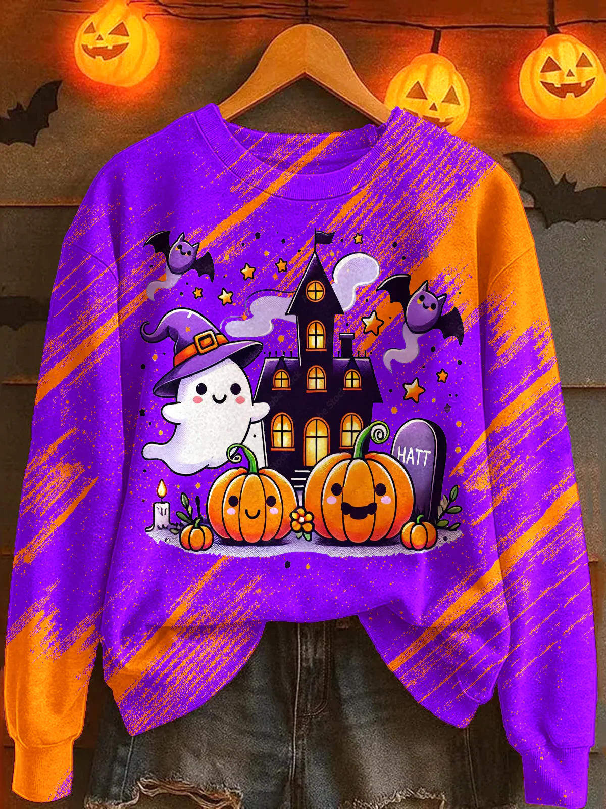 Halloween Ghost And Punmkin Printed Long Sleeve Casual Top