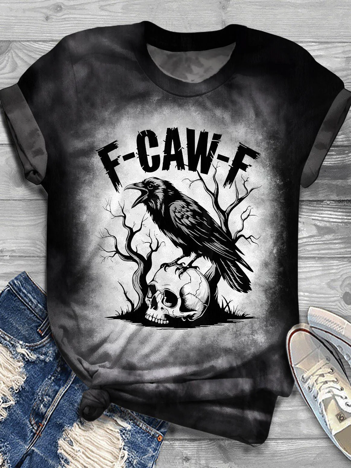Halloween Gothic Crow Crew Neck T-shirt