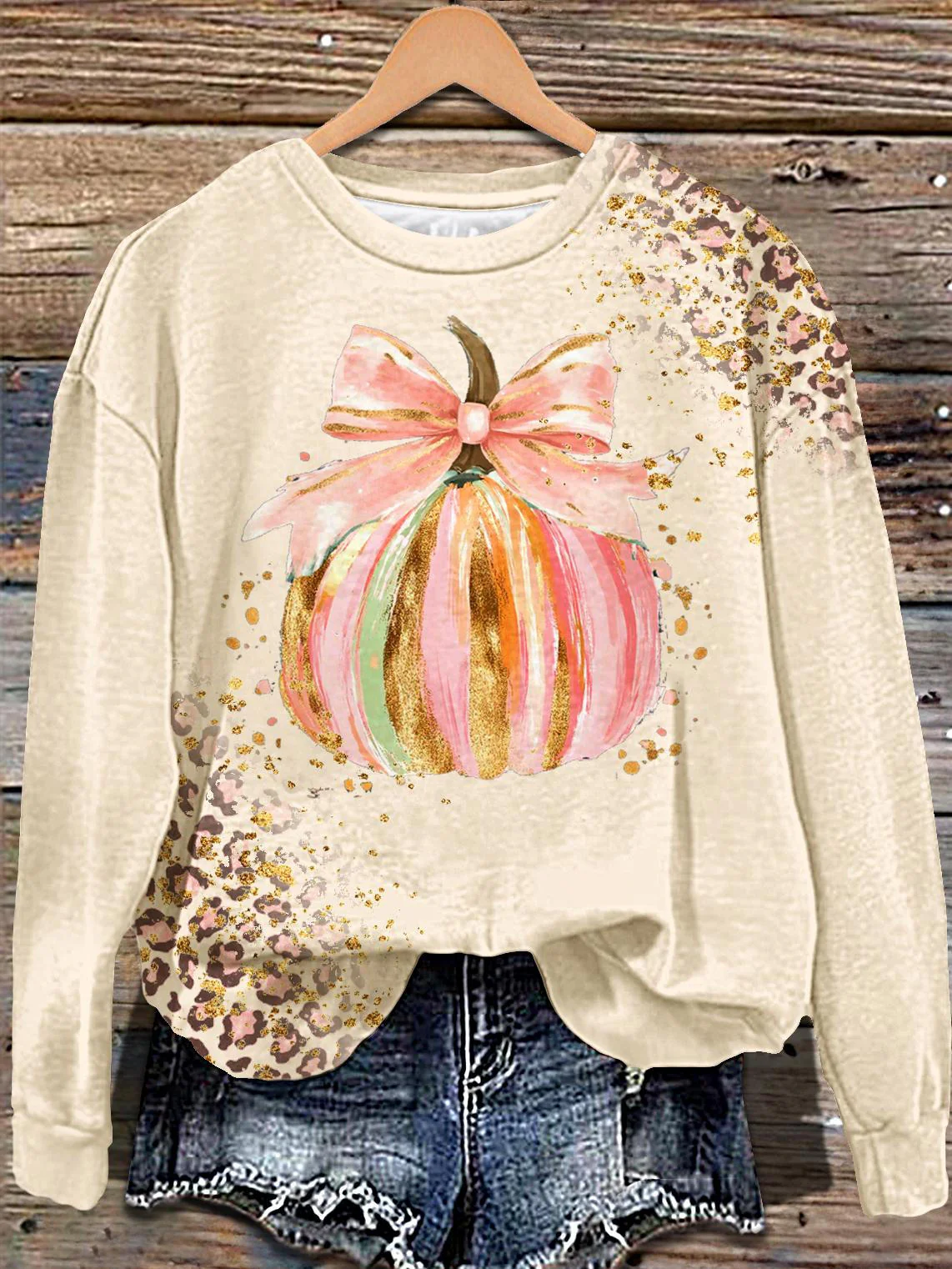 Halloween Leopard Print Halloween Pumpkin Long Sleeve Casual Top - Image 2