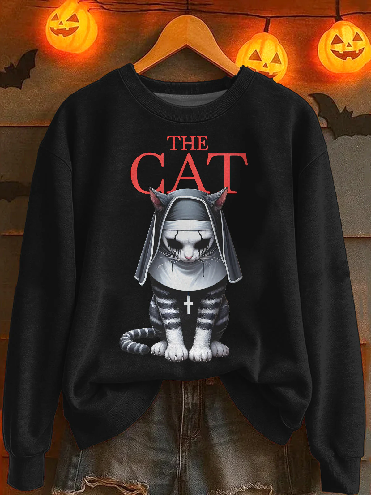Halloween Nun Kitten Printed Long Sleeve Casual Top - Image 2