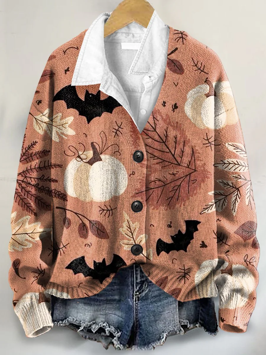 Halloween Pattern Art Print Buttoned V-neck Cardigan Sweater