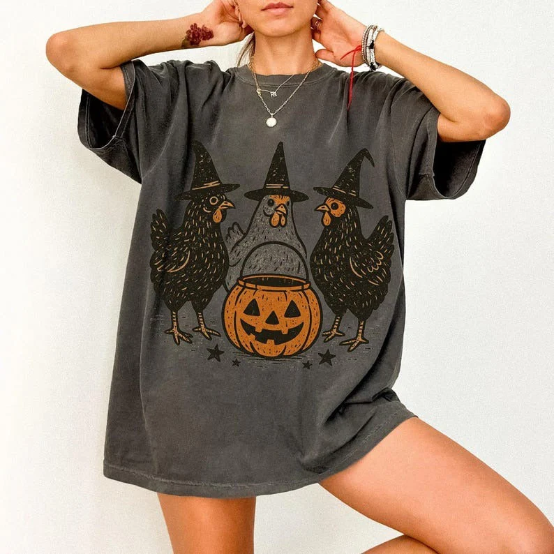 Halloween Pumpkin Chicken Crew Neck T-shirt - Image 3