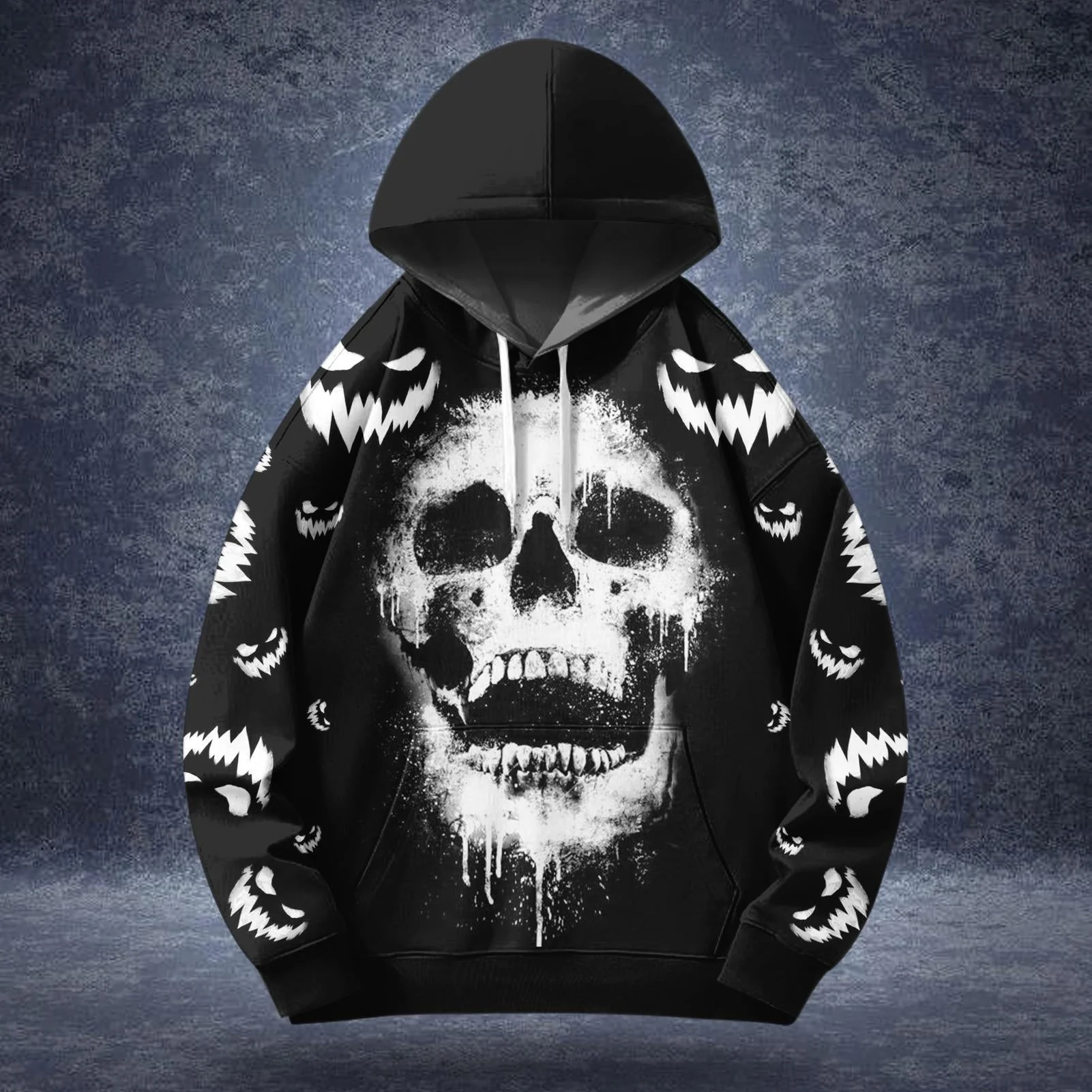 Halloween Skull Print Long Sleeve Hooded Pocket Sweatshirt