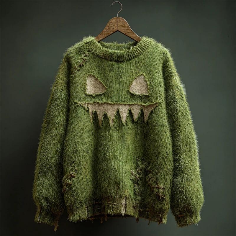 Halloween Spooky Face Stitched Fuzzy Knit Sweater - Image 2