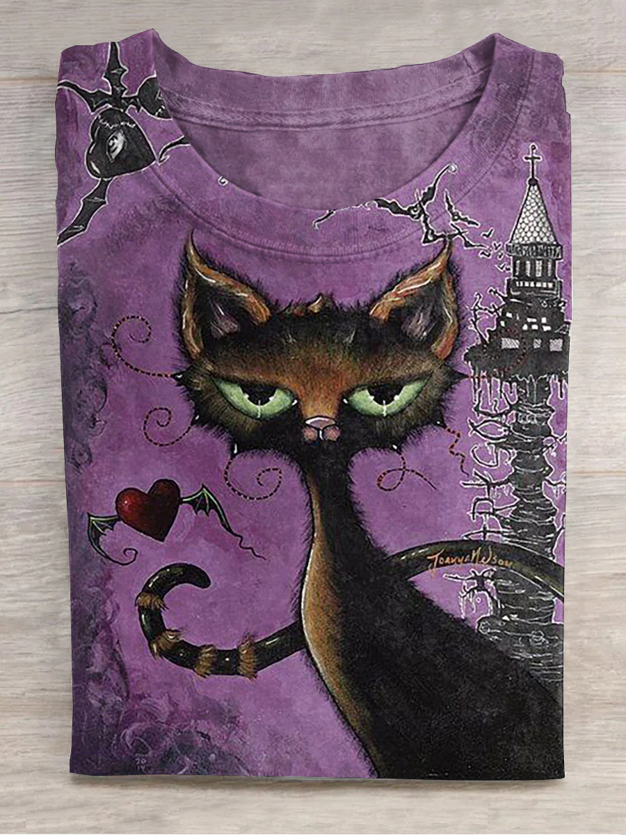 Halloween Whimsical Cat Printed Crew Neck Women's T-shirt
