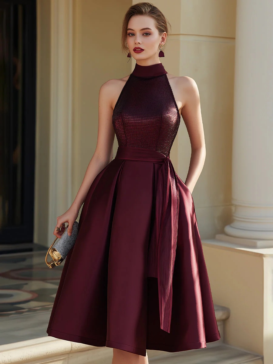 Halter Neck Pleated Midi Dress - Image 2