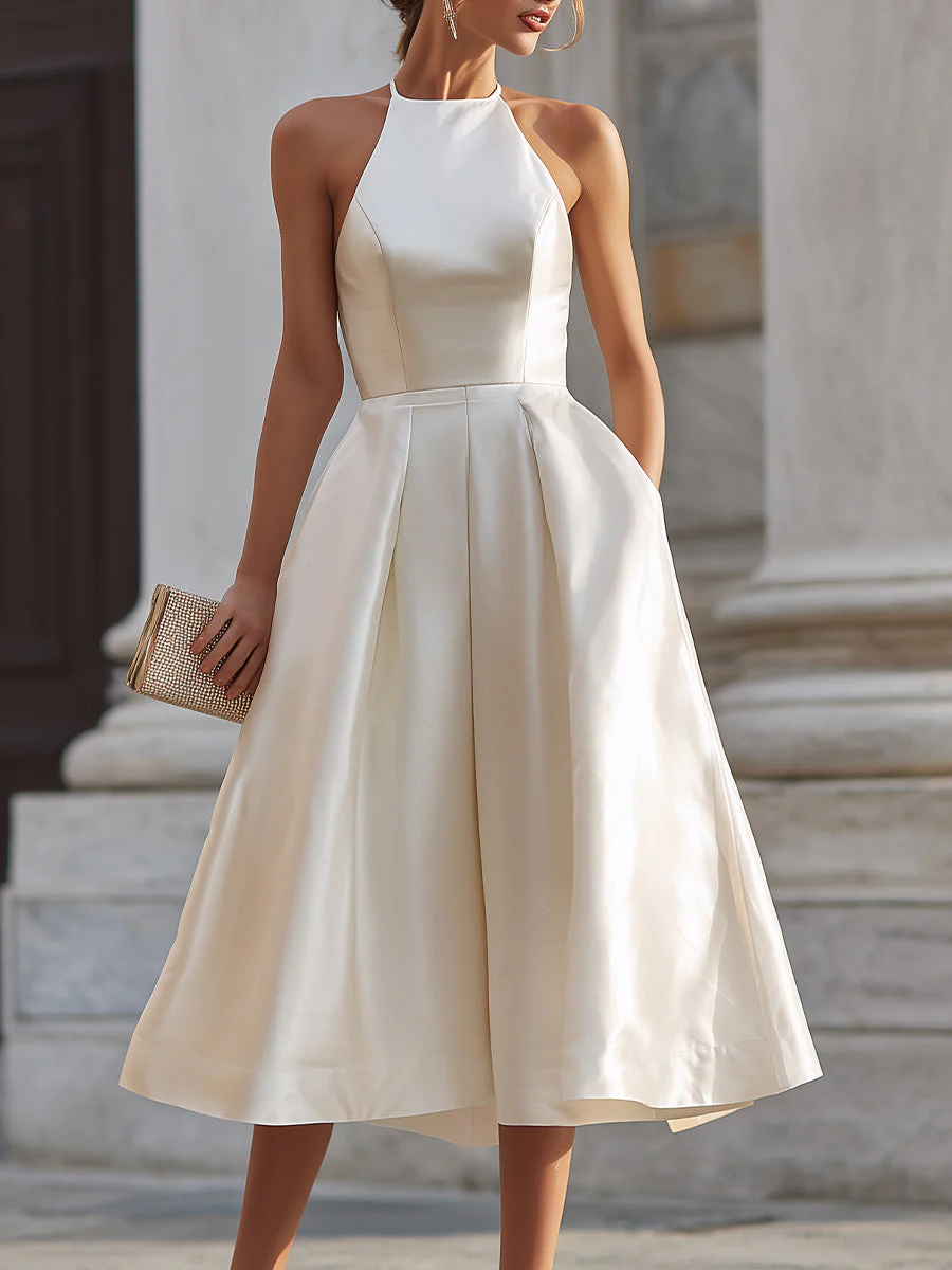 Halter-Neck Pleated Midi Dress