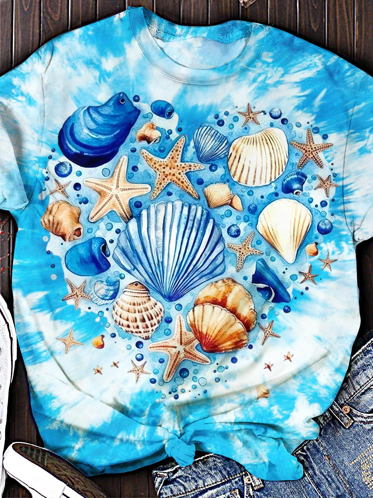 Heart And Seashell Print Crew Neck T-shirt