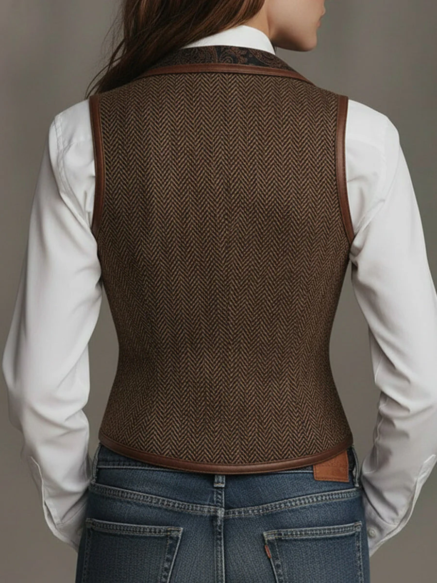 Herringbone Pattern Vest With Printed Lapel - Image 2