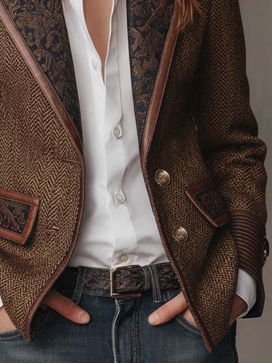 Herringbone Tweed Blazer With Printed Panels - Image 5