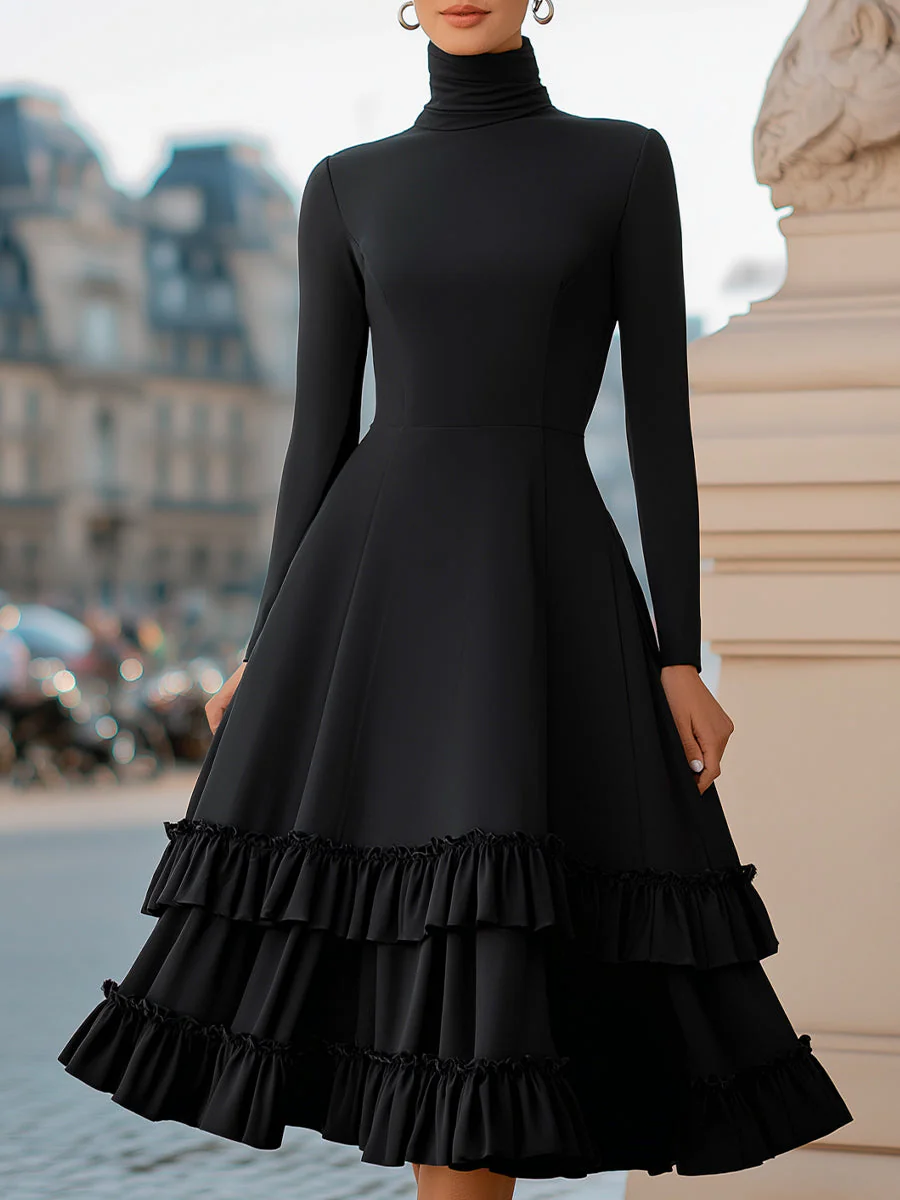 High-Neck A-Line Tiered Ruffle Midi Dress