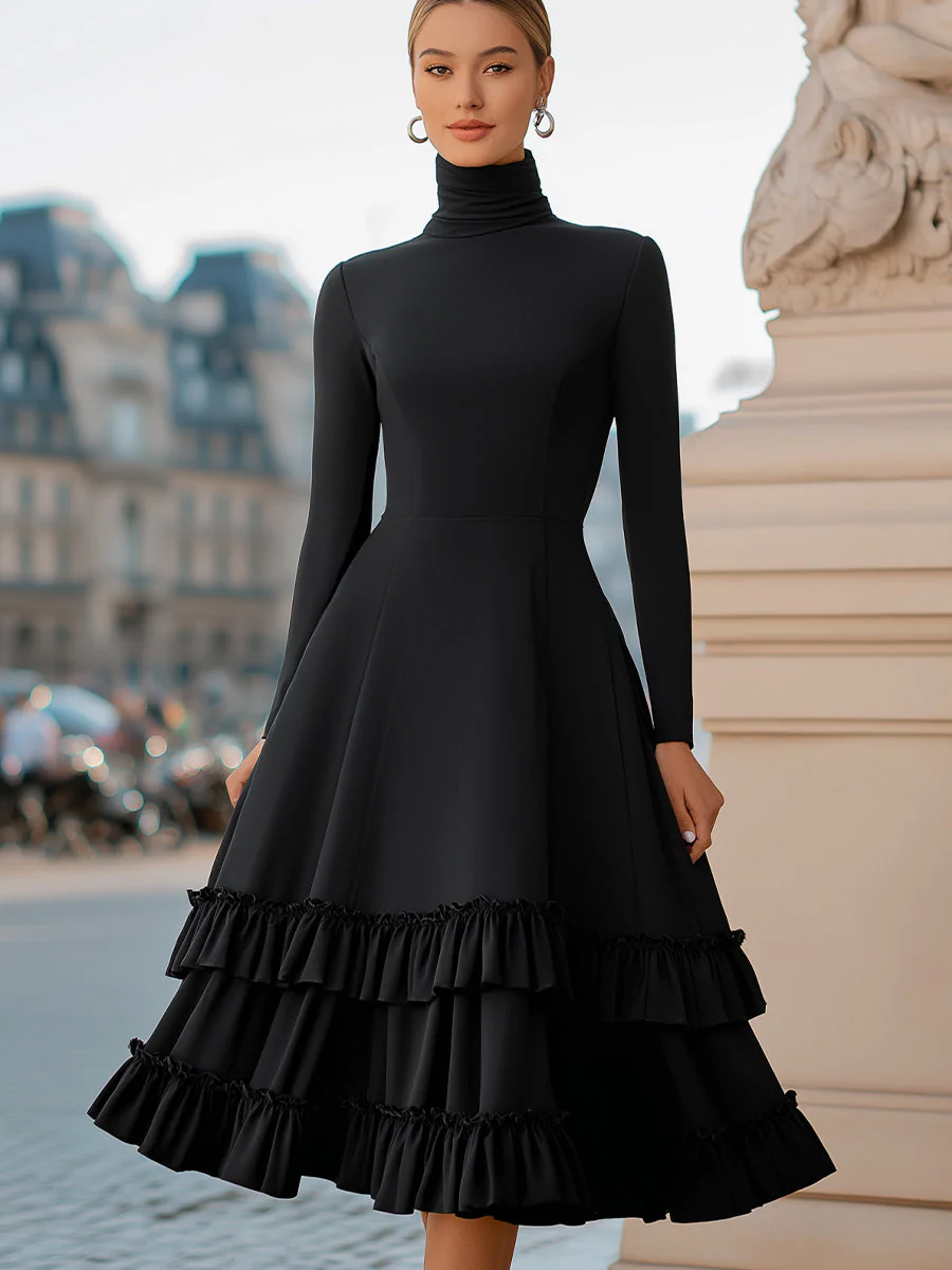 High-Neck A-Line Tiered Ruffle Midi Dress - Image 2