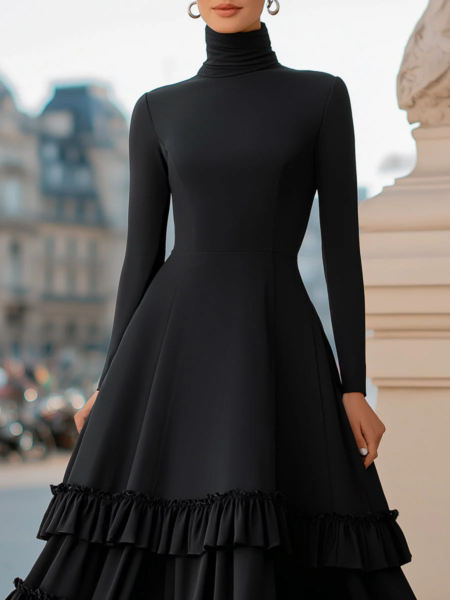High-Neck A-Line Tiered Ruffle Midi Dress - Image 3