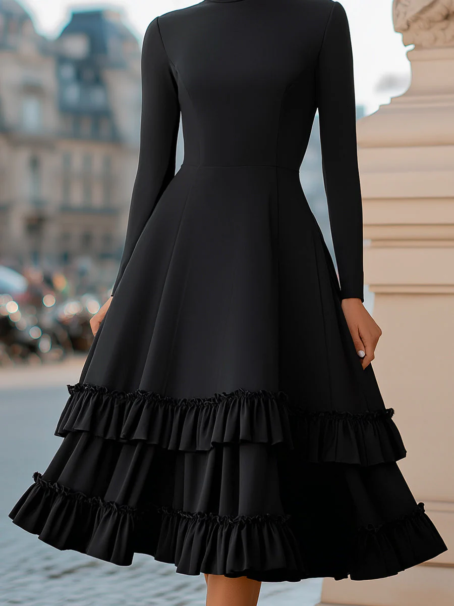 High-Neck A-Line Tiered Ruffle Midi Dress - Image 4