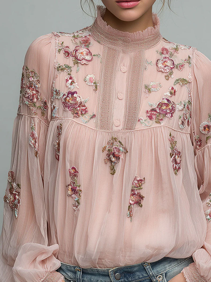 High Neck Blush Pink Embroidered Chiffon Blouse - Image 2