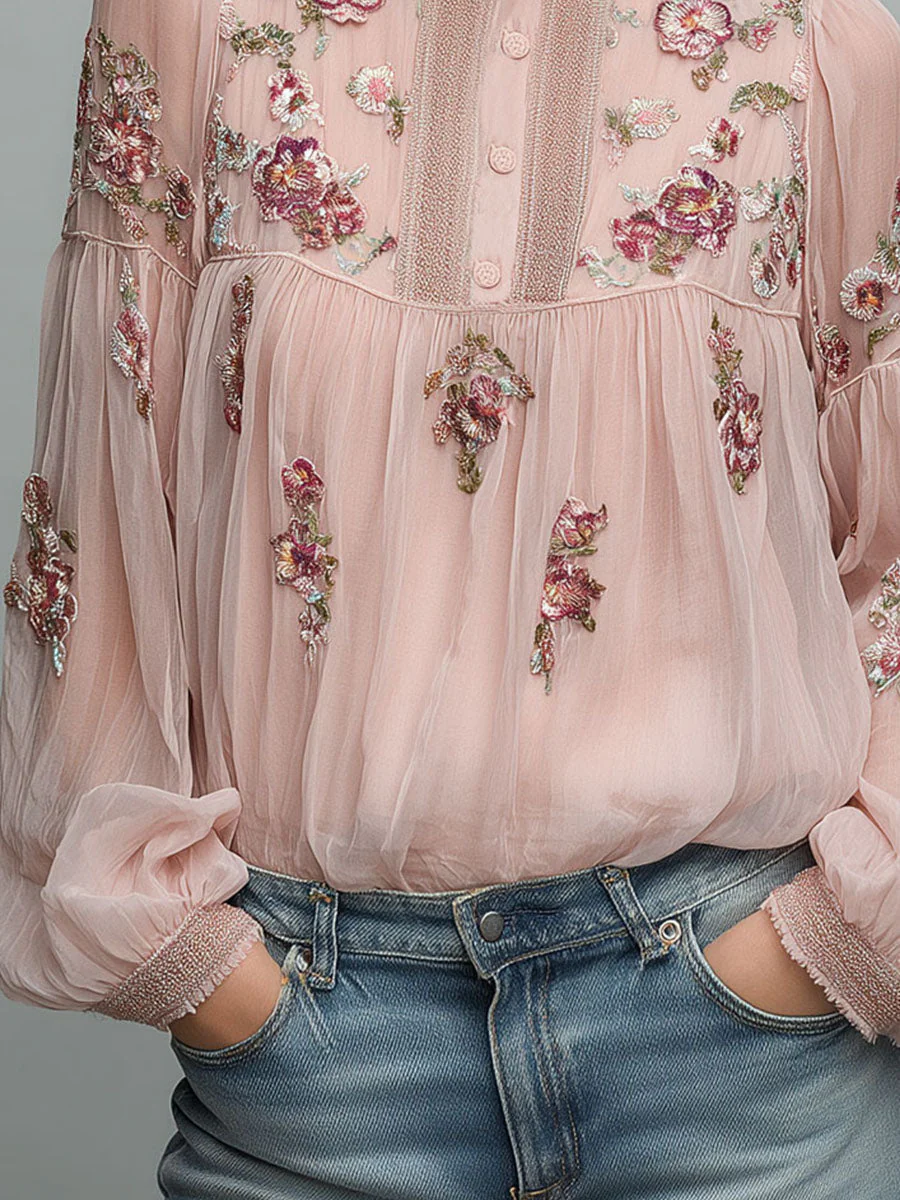 High Neck Blush Pink Embroidered Chiffon Blouse - Image 3
