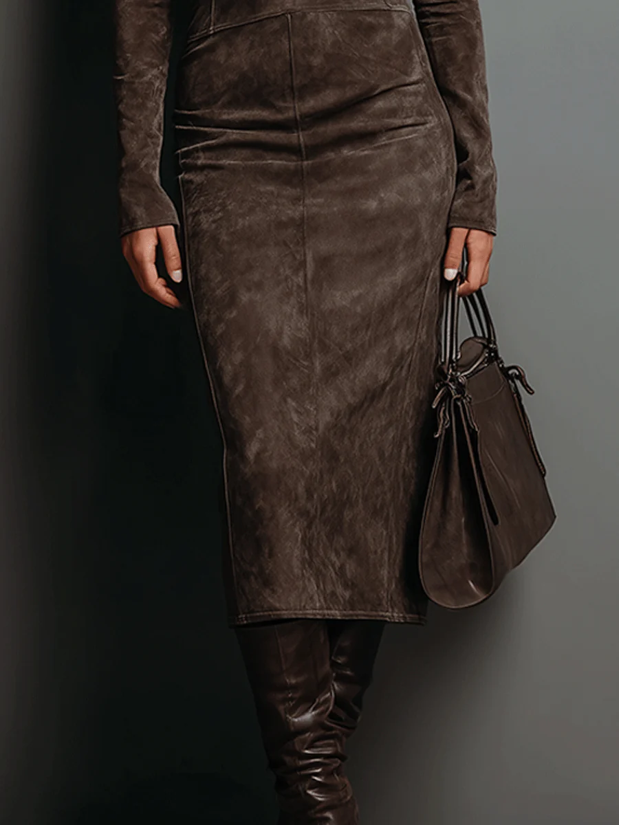 High Neck Long Sleeve Suede Midi Dress - Image 3