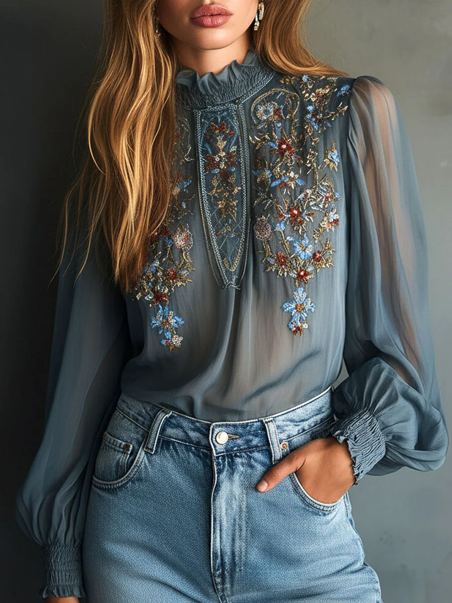 High Neck Smoky Blue Embroidered Chiffon Blouse With Sheer Sleeves - Image 2