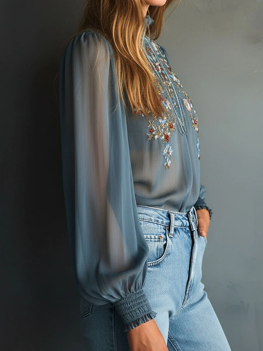 High Neck Smoky Blue Embroidered Chiffon Blouse With Sheer Sleeves - Image 3