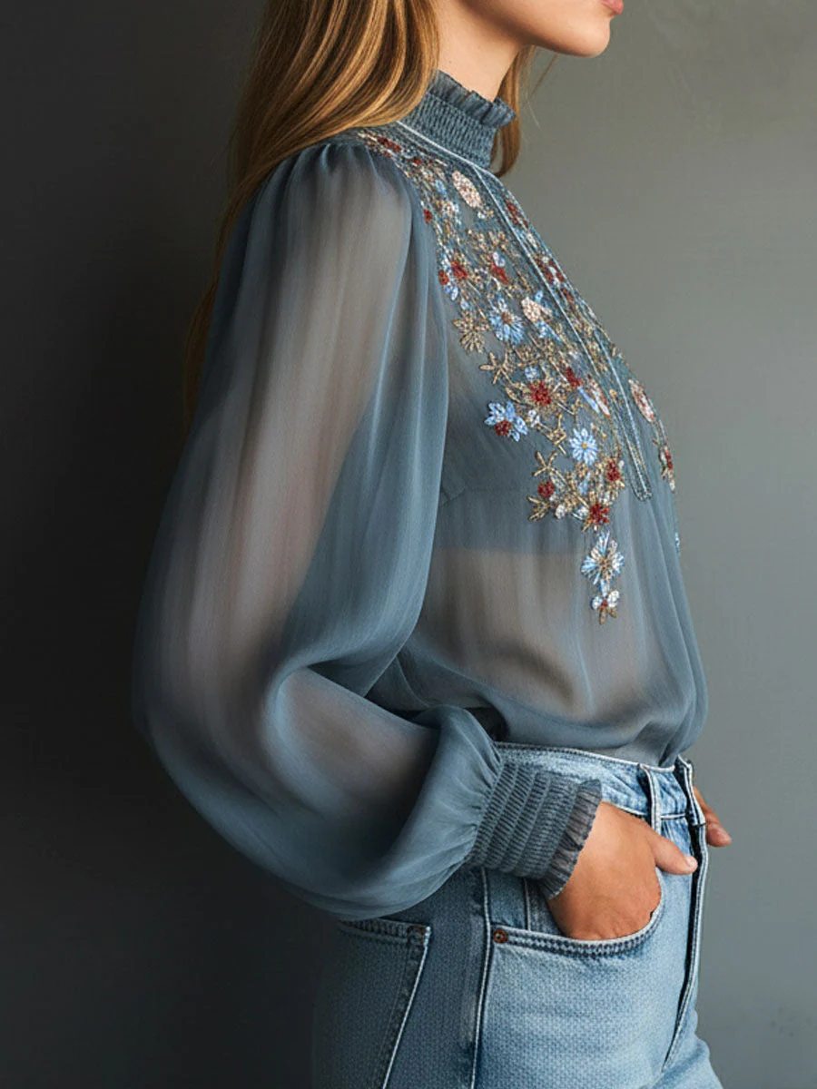 High Neck Smoky Blue Embroidered Chiffon Blouse With Sheer Sleeves - Image 4