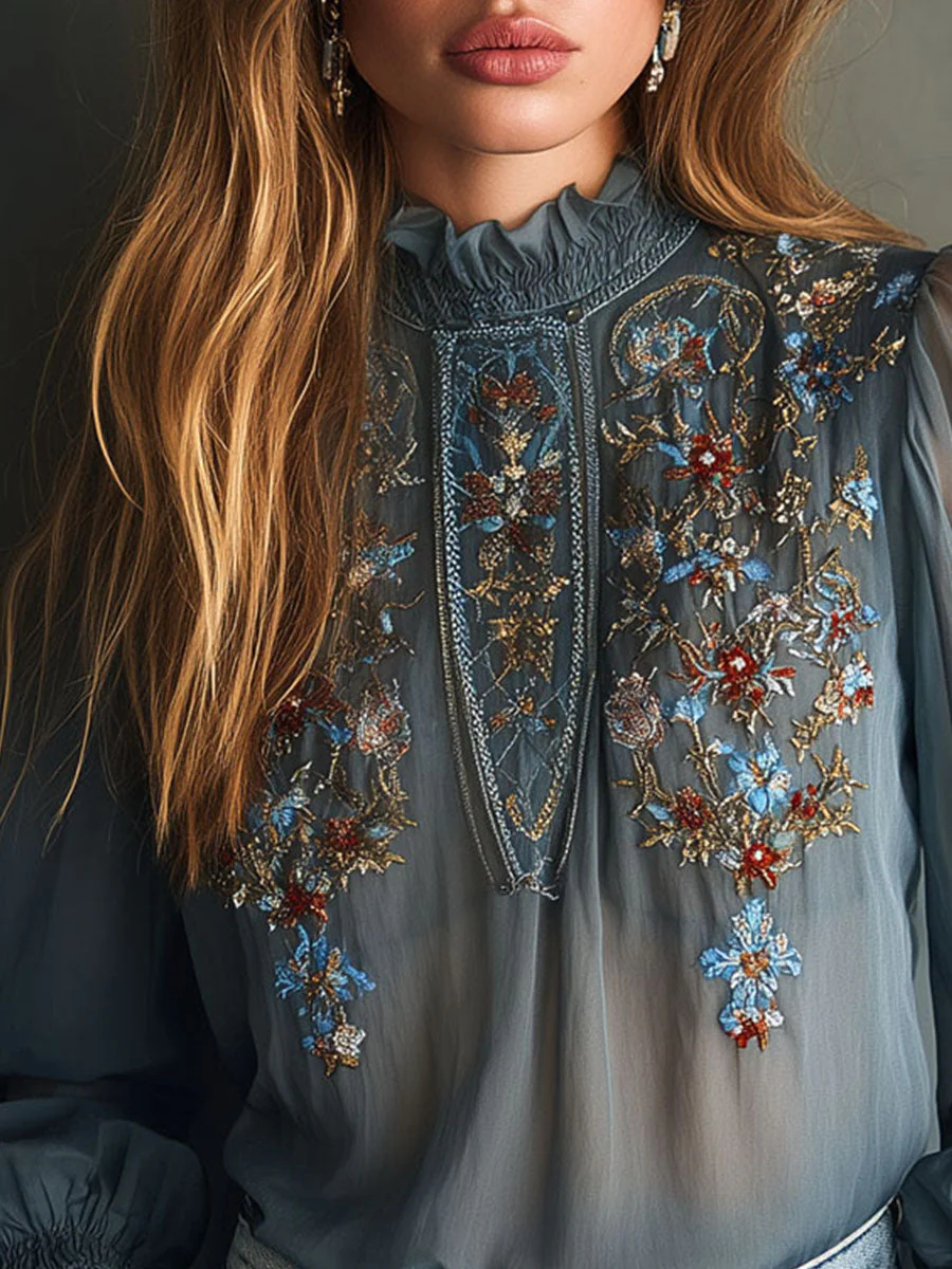 High Neck Smoky Blue Embroidered Chiffon Blouse With Sheer Sleeves - Image 6